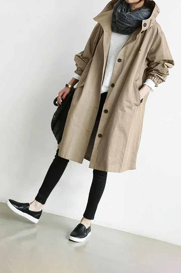 Trench-coat imperméable avec capuche pour femme - Long, chaud et parfait pour l'automne