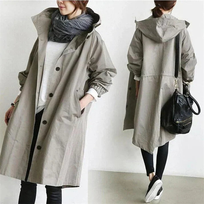 Trench-coat imperméable avec capuche pour femme - Long, chaud et parfait pour l'automne