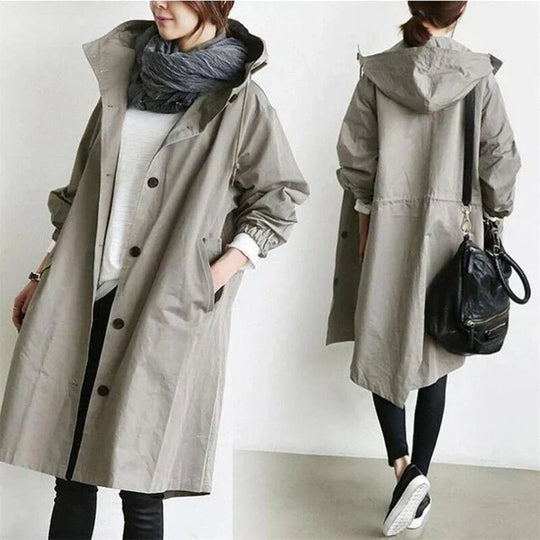 Trench-coat imperméable avec capuche pour femme - Long, chaud et parfait pour l'automne