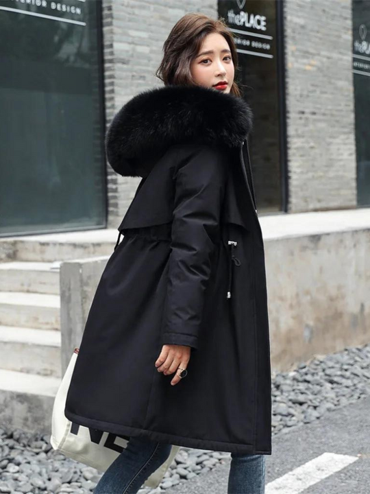 Manteau d'hiver à capuche avec col en fourrure pour femmes